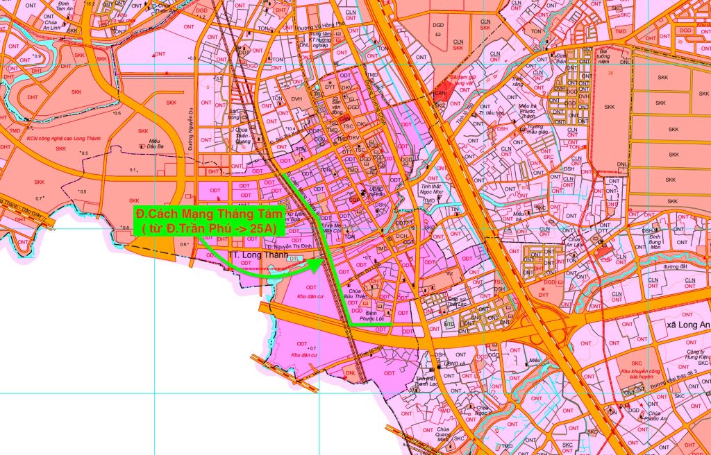 Đường Cách Mạng Tháng Tám trên bản đồ quy hoạch sử dụng đất đến 2030 huyện Long Thành