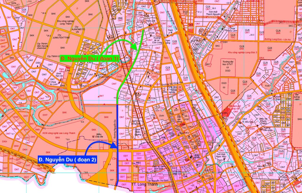 Đường Nguyễn Du trên bản đồ quy hoạch sử dụng đất đến 2030 huyện Long Thành